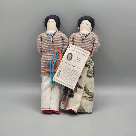 2 Native American Navajo Indian Handmade Cloth Dolls  By Nora Nez 8 inch Couple - Picture 1 of 4
